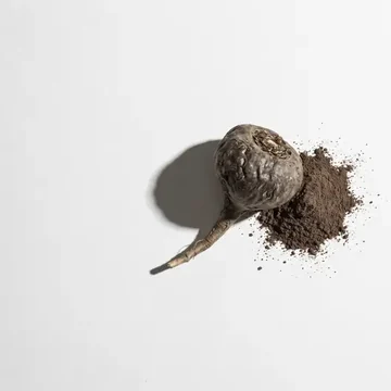 Raiz de maca peruana ao lado do pó e de cápsulas